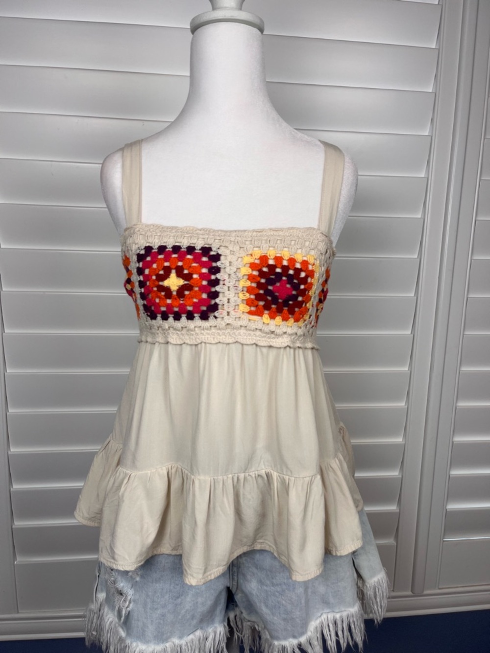 Cream Crochet-Trim Tank with Multicolor Granny-Square Band size m boho coastal